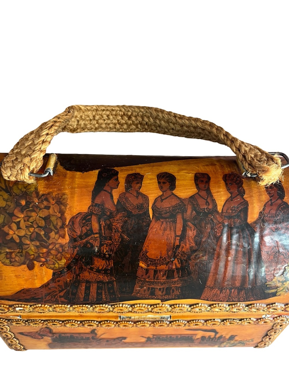 Vintage-Inspired Hand-Painted Wooden purse/ lunch pail in Warm Brown